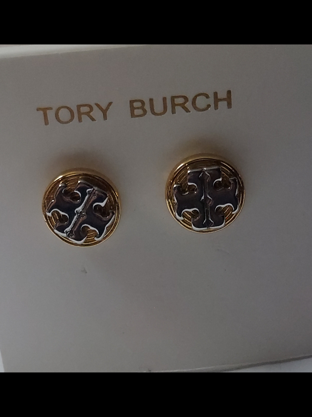 Tory Burch Gold and Silver Logo Round Stud Earrings
